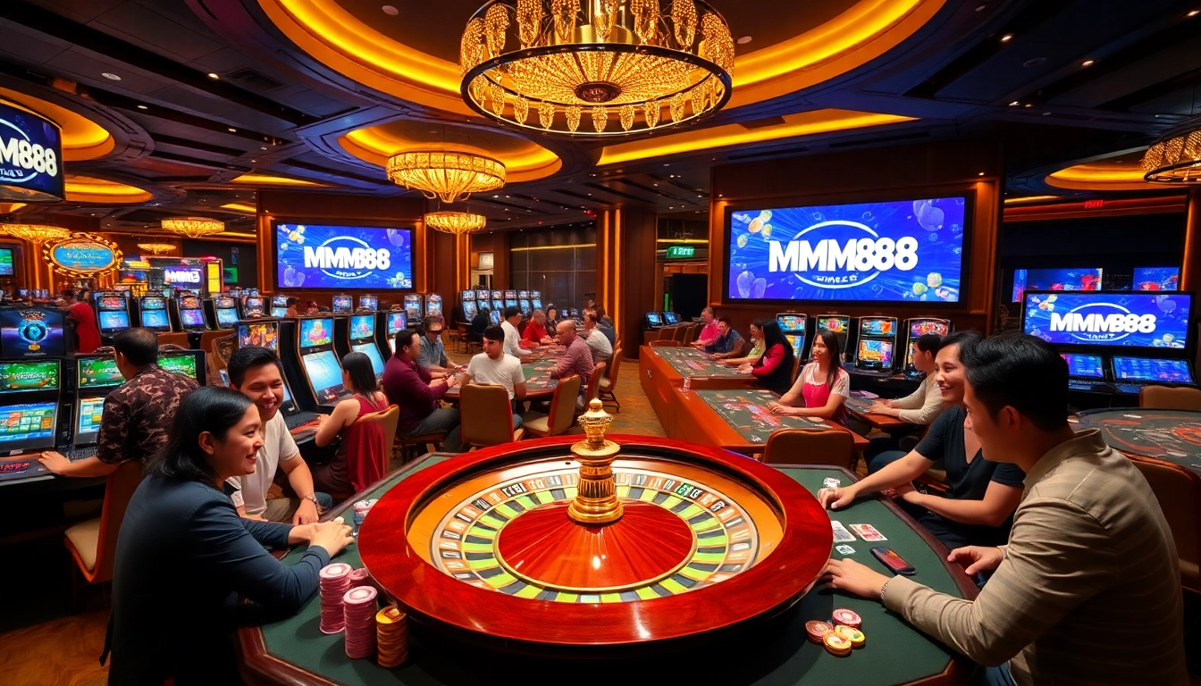 MM88 players enjoying vibrant casino games with engaging slot machines and poker tables.