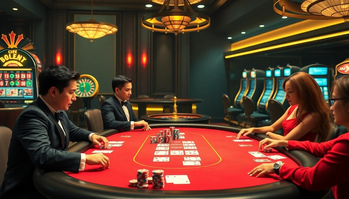 Engaging scene showcasing poker strategy at a casino table with kèo nhà cái prominently featured.