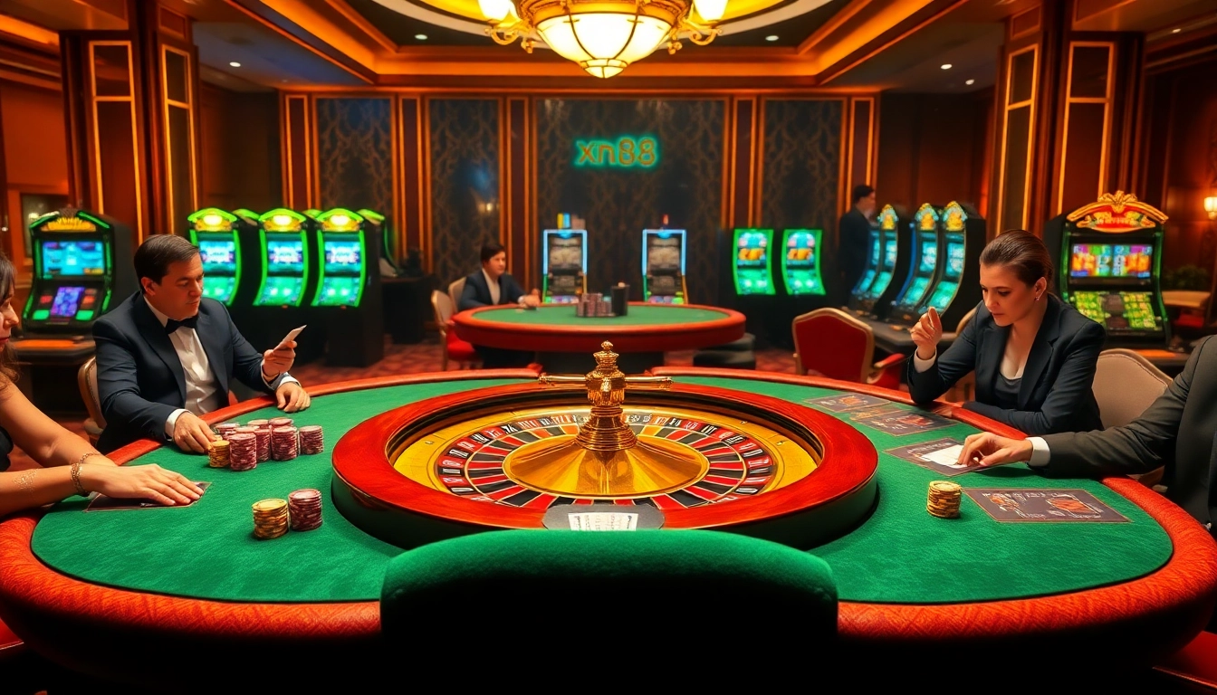 Players enjoying high-stakes action at the luxurious xn88 casino with roulette and poker games.