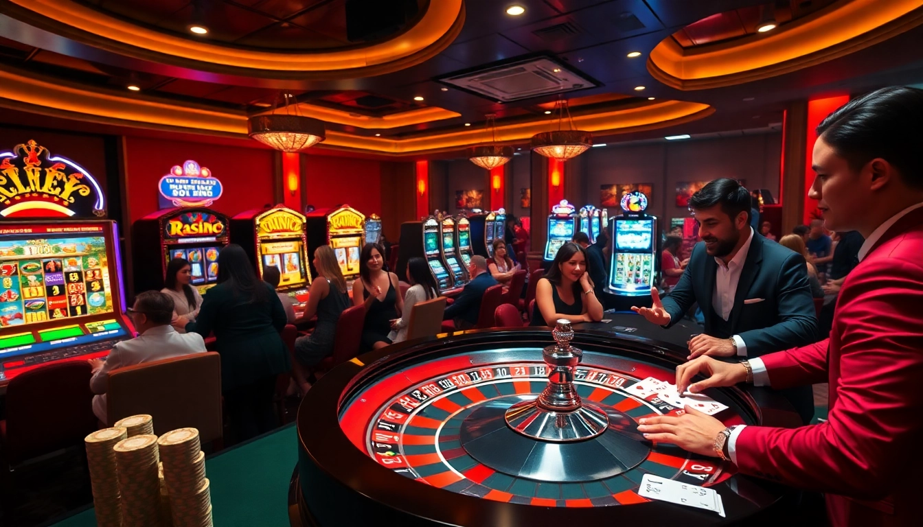 An exciting gambling scene at nhà cái zbet, featuring a roulette table, poker chips, and players engaged in thrilling games.