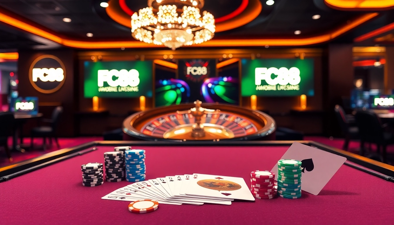 Experience thrilling online gaming at FC88 with vibrant casino tables and poker chips.