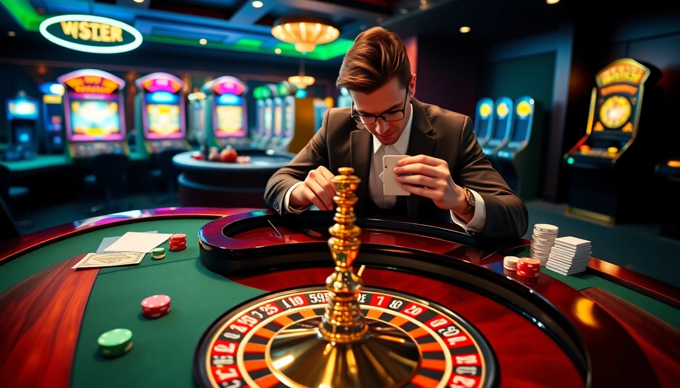 Experience thrilling USBET gaming with a vibrant casino atmosphere featuring poker chips, roulette, and slot machines.