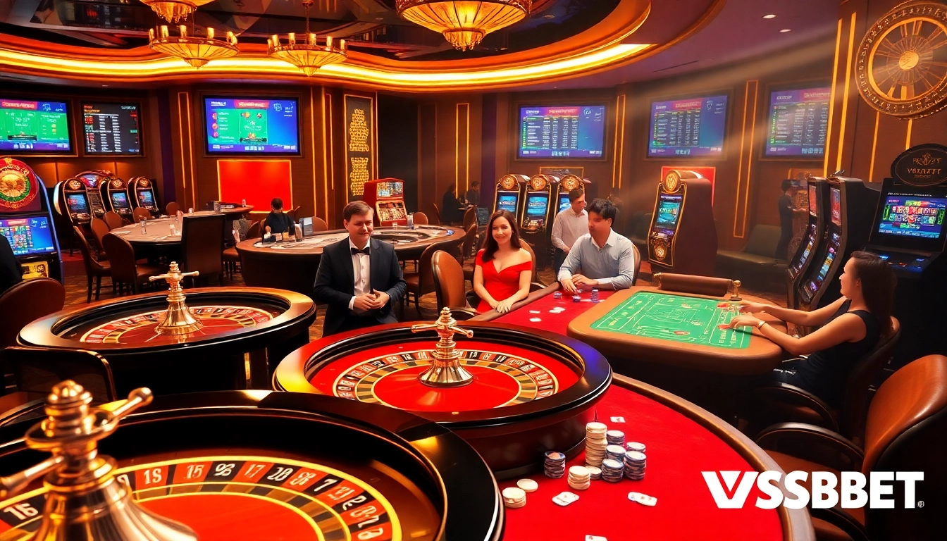 Players enjoying a thrilling game at Nhà cái VSBET, showcasing luxury and excitement in a casino setting.