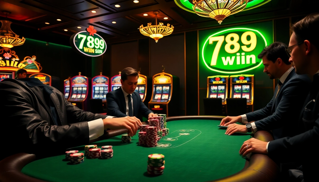 High-stakes poker scene showcasing the excitement of 789 win with vibrant chips and professional players.