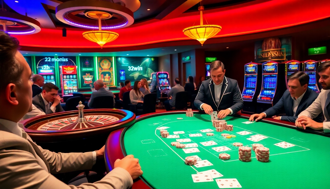 Engaging players at a 32win poker table in a luxurious casino environment.