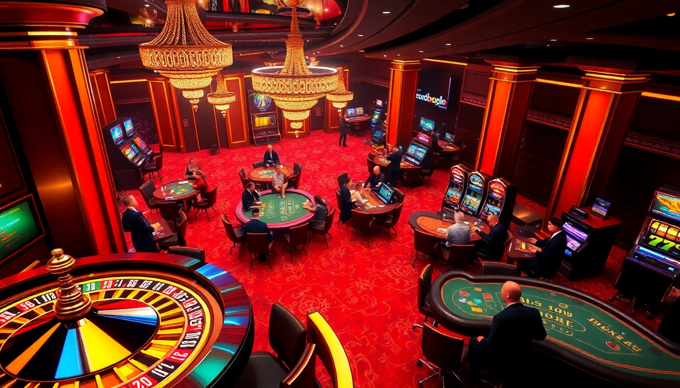 The excitement of gambling at S8 casino with roulette and poker tables bustling with players.