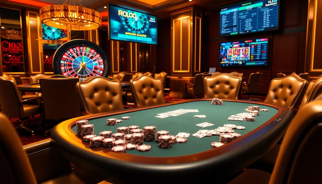 Engage in thrilling gameplay at https://s88.works/ featuring a stylish poker table and vibrant roulette wheel.