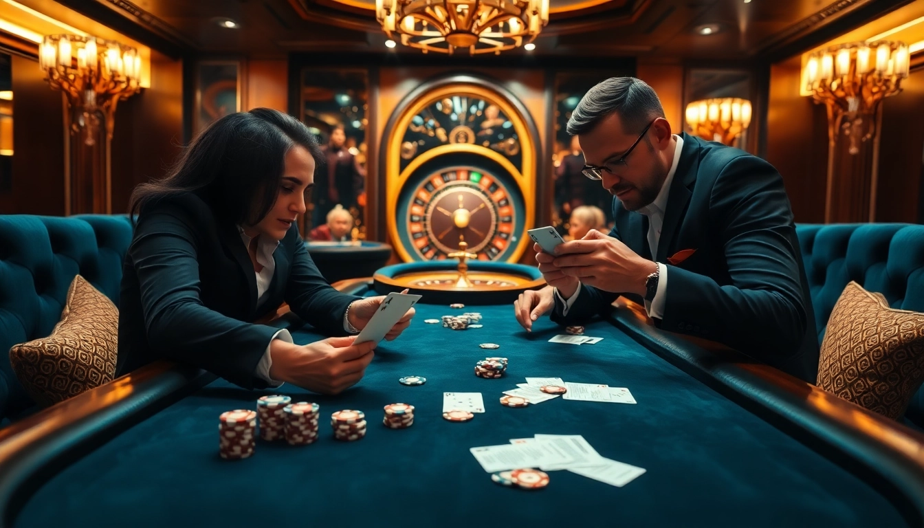 High-stakes players enjoying a Bugatti8-themed poker game in an elegant casino setting.