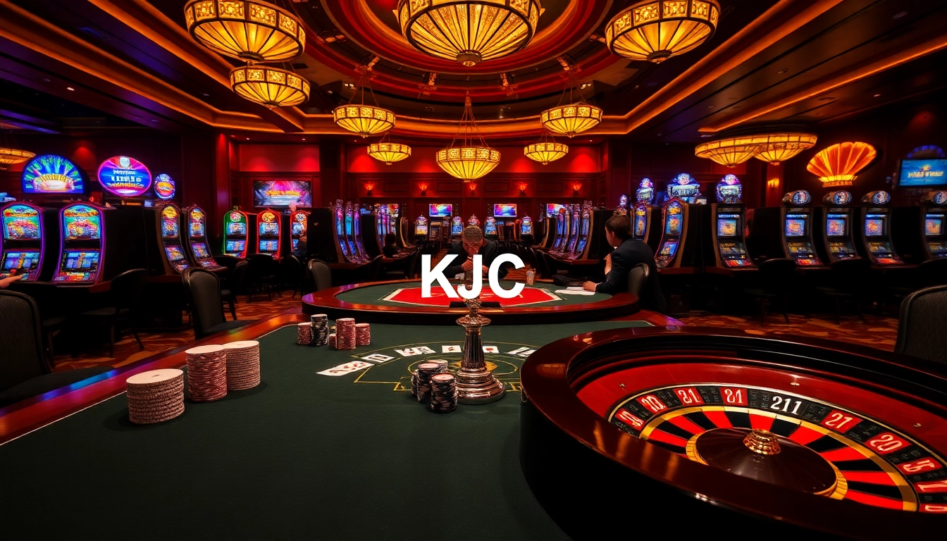 Experience high-stakes gaming at KJC with luxurious casino tables, cards, and vibrant atmosphere.