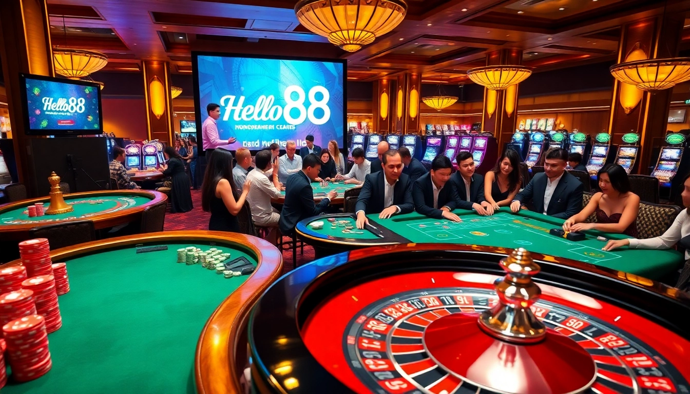 Hello88 poker table scene with vibrant chips and roulette wheel, showcasing professional gambling.