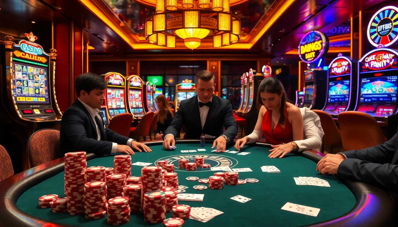 Players strategize at a poker table while gaming elements highlight 888b casino excitement.