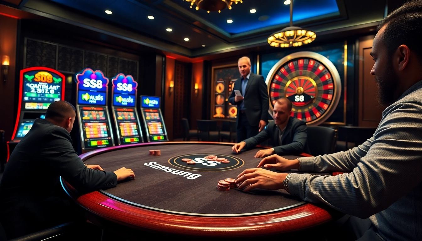 Exciting casino action with players at S8 poker table, slot machines, and roulette wheel.