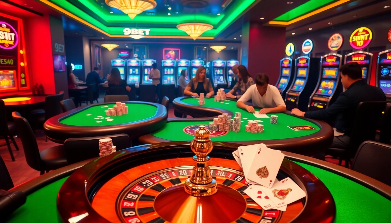 Exciting gambling action at 9bet's luxurious casino tables with poker chips and cards.