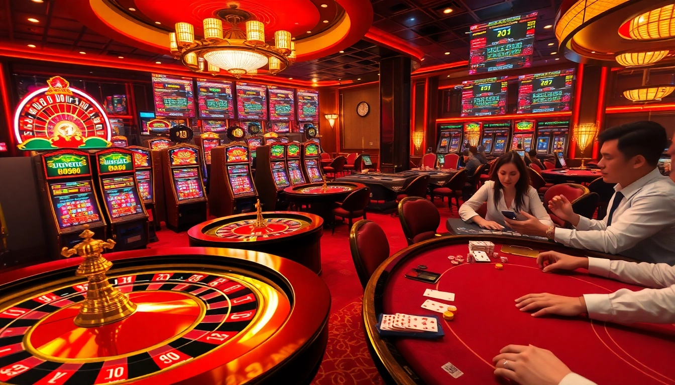Excited players enjoying a luxurious rr88 casino experience with vibrant slot machines and poker games.