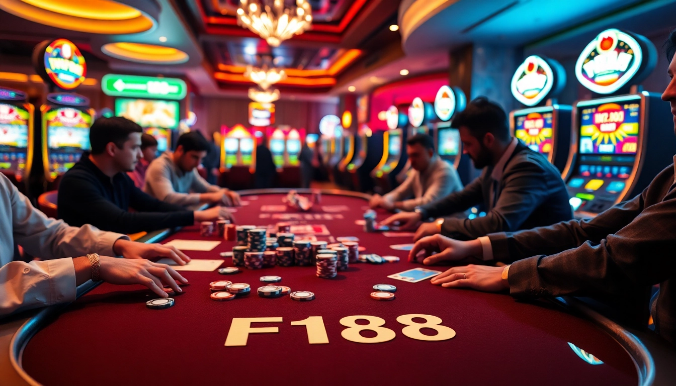 Experience excitement at F168 casino with players immersed in poker action and colorful chips.