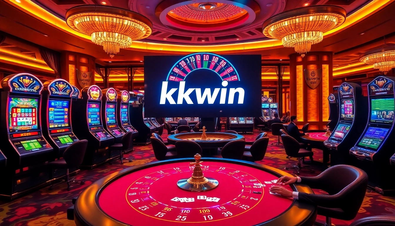 Experience excitement at kkwin's luxurious casino with vibrant slot machines and poker tables.