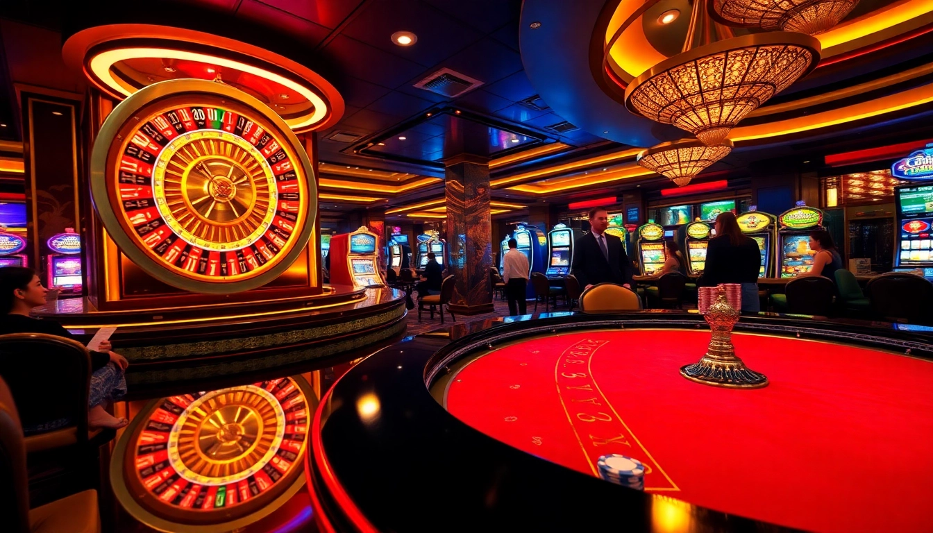 Lucky88 casino scene with vibrant roulette and poker table, showcasing excitement in online gambling.