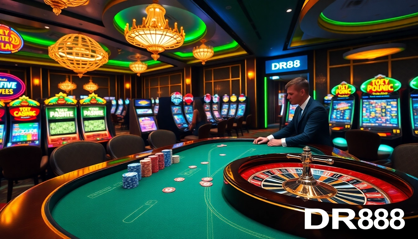 Experience the thrill at DR88 casino with vibrant poker and roulette scenes.