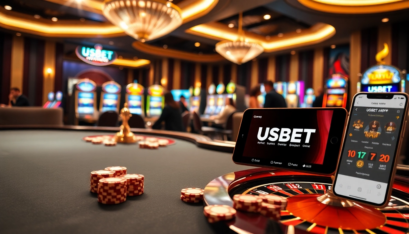 Experience the thrill of betting with USBET at a luxurious casino featuring poker and slot machines.