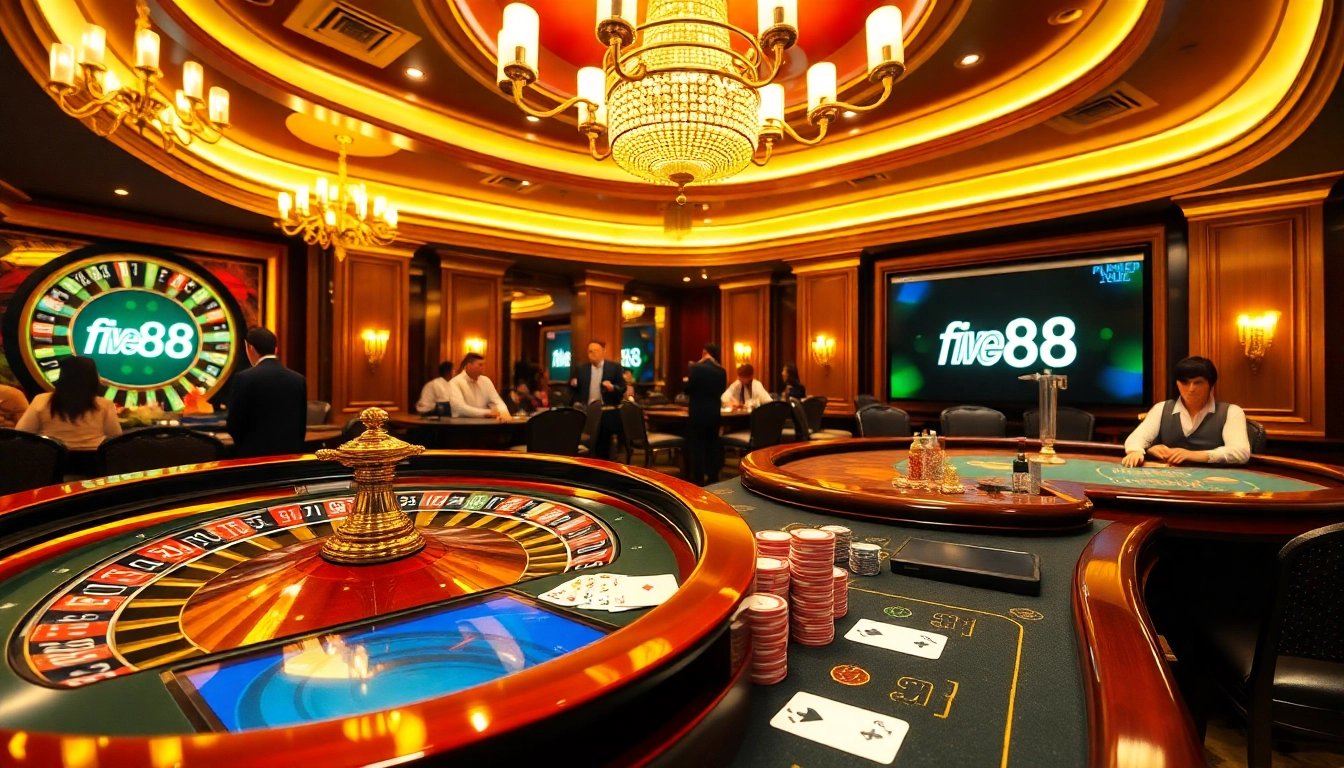 Experience the thrill at five88 with a luxurious casino scene filled with poker chips and a roulette wheel.