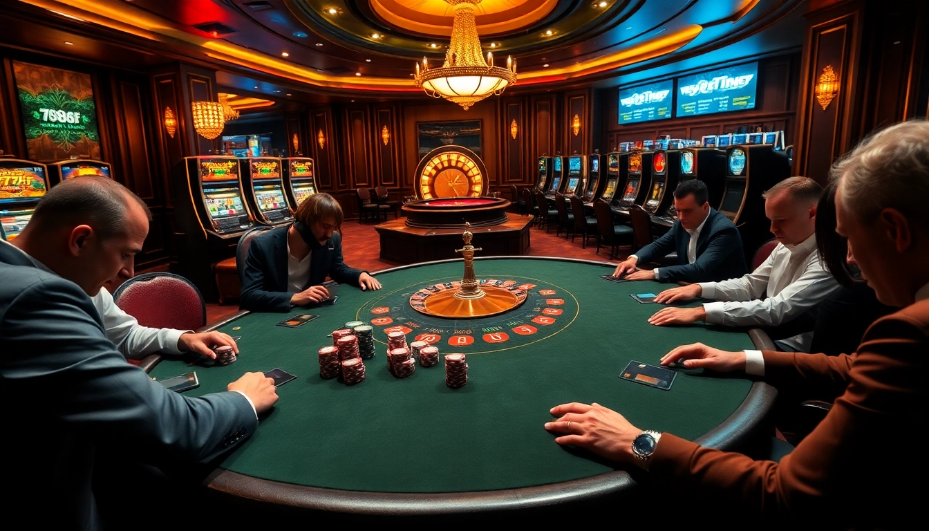 Experience the excitement of 789f with players at a glamorous poker table and vibrant casino elements.