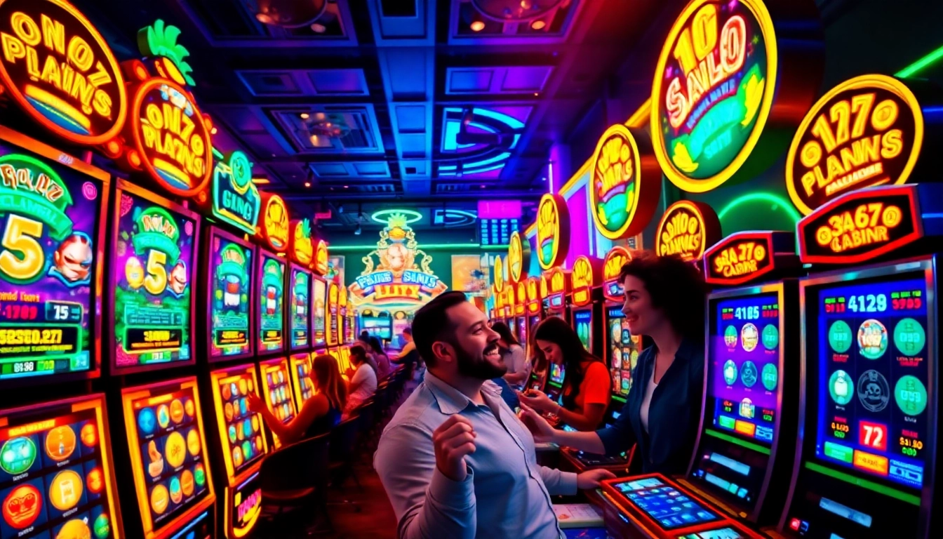 Engaging scene of players enjoying doaslot machines in a vibrant online casino atmosphere.