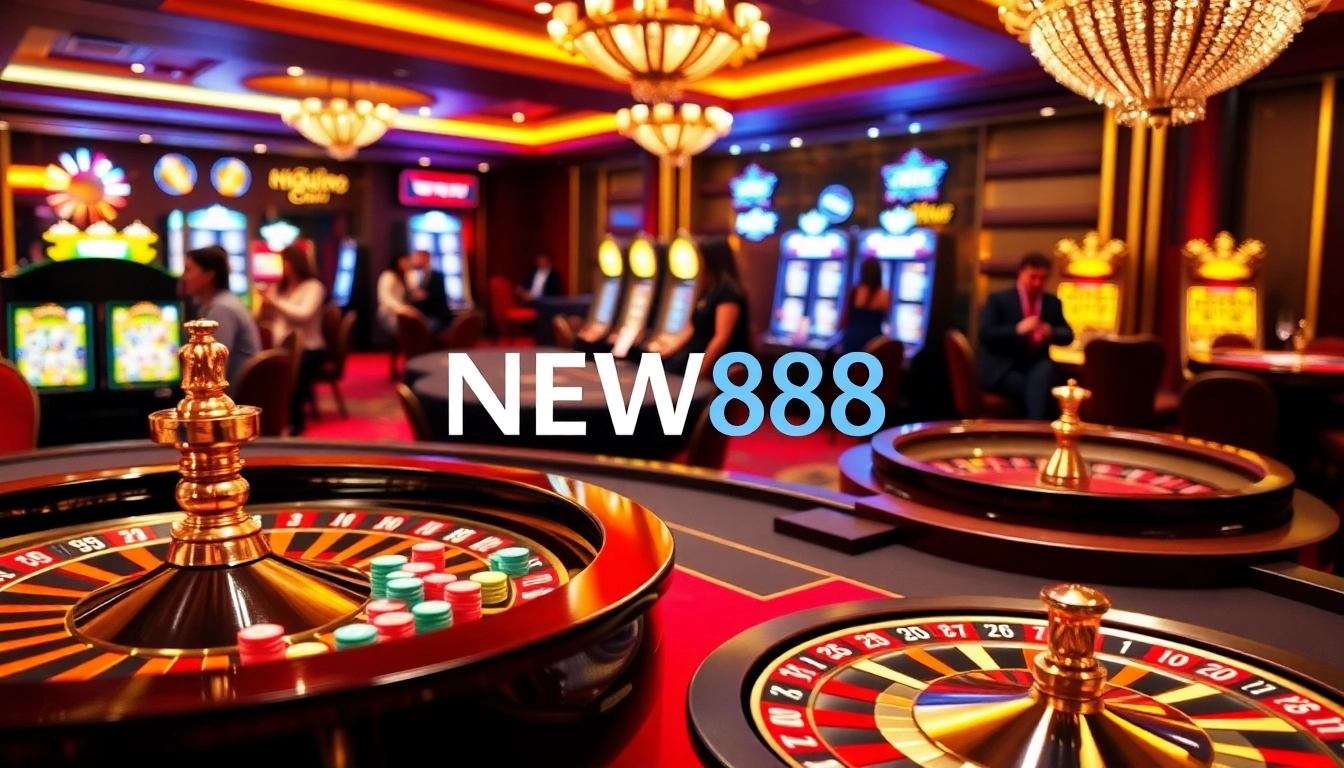 Experience the excitement of Nhà cái NEW88 with vibrant casino gaming scenes, including poker and roulette.
