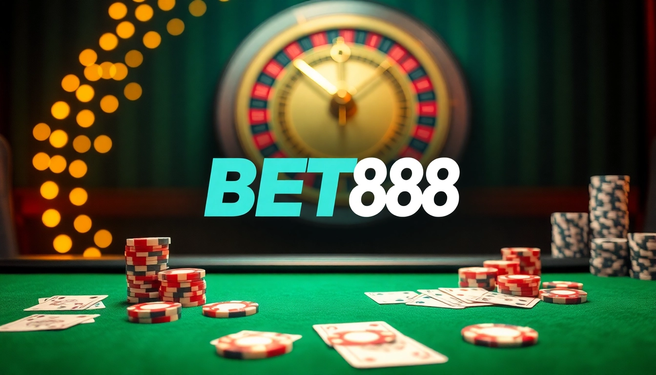 Experience the excitement of BET88 with a luxurious casino setting featuring poker chips and a roulette wheel.