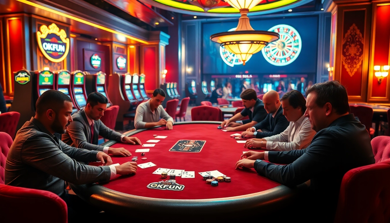 Players enjoying an exciting poker game at OKFUN casino, surrounded by vibrant gaming atmosphere.