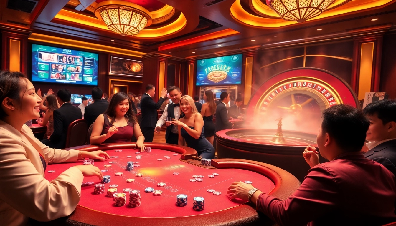 RR88 engaging players at a luxurious casino table with colorful chips and a spinning roulette wheel.