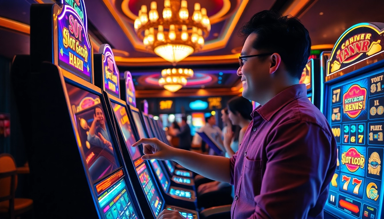 Experience the excitement of Slot Gacor Hari ini as players engage with vibrant, winning slot machines in a luxury casino setting.