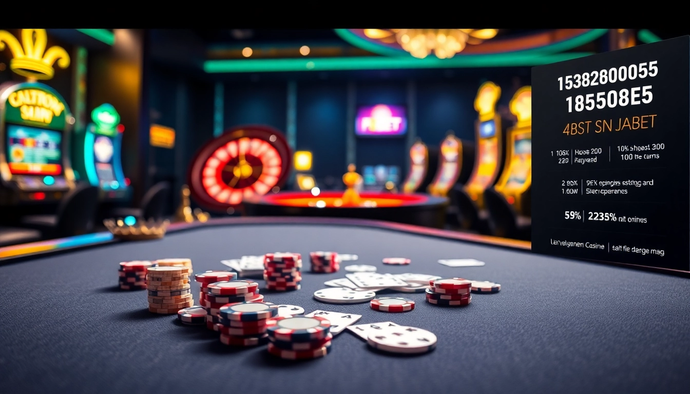 Engaging scene of nhà cái F8BET showcasing professional gaming with poker chips, roulette wheel, and vibrant slot machines.