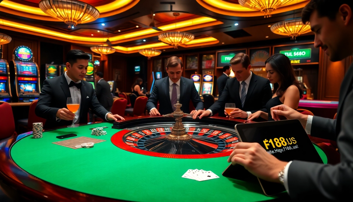 Experience the thrill of gaming at https://f168.us/ with professional players at an elegant roulette table.