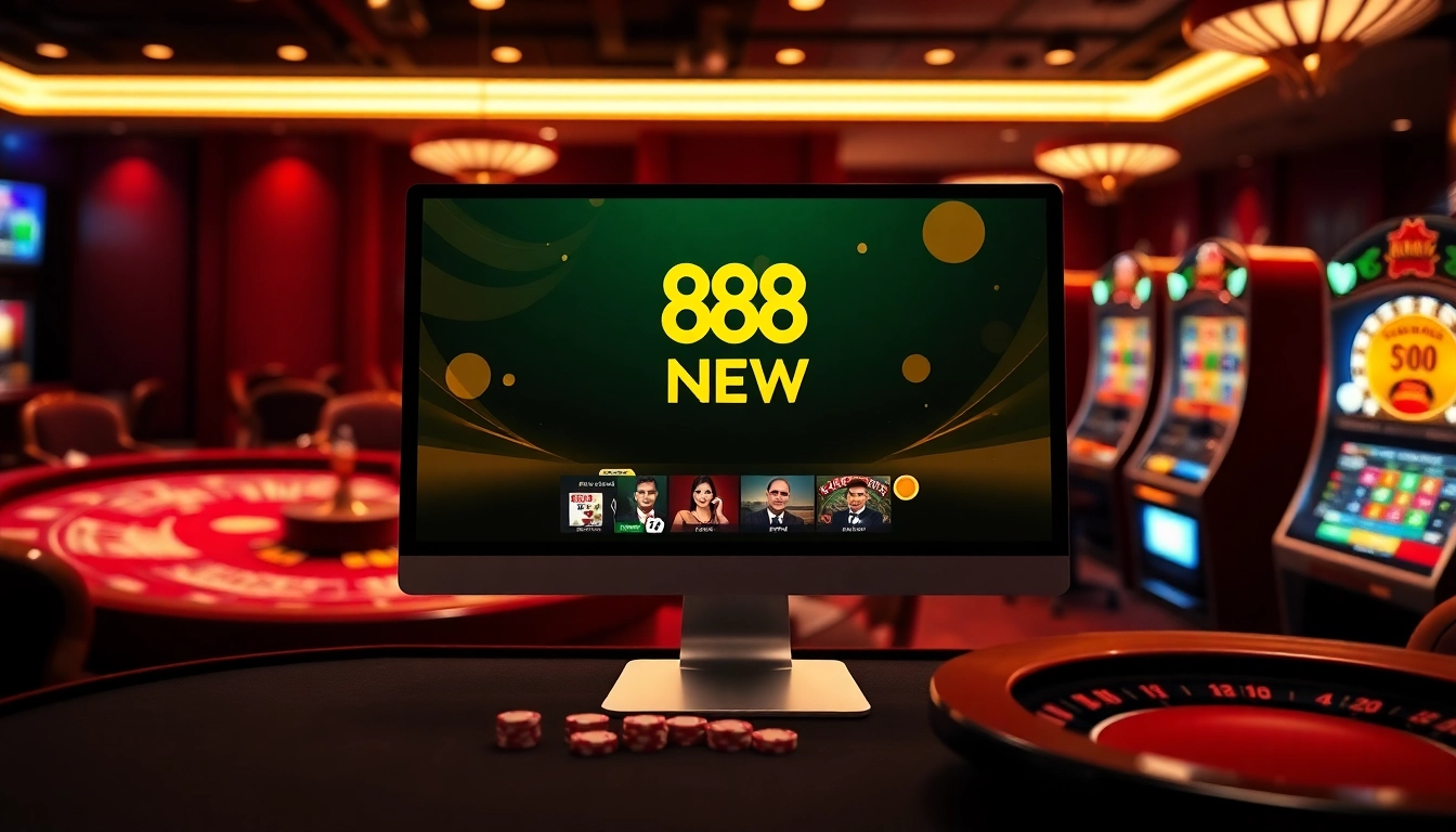 Experience excitement on the trang chủ 888NEW online gambling platform featuring casino tables and slot machines.