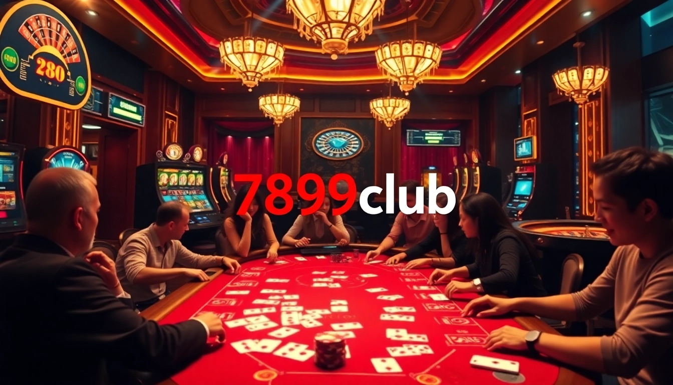 Enjoy exciting gameplay at 789club with luxury casino ambiance featuring players and vibrant slot machines.