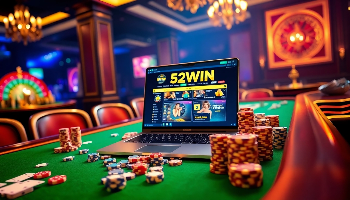 Experience the thrill of professional gambling with 52WIN's online interface on a luxurious casino table.