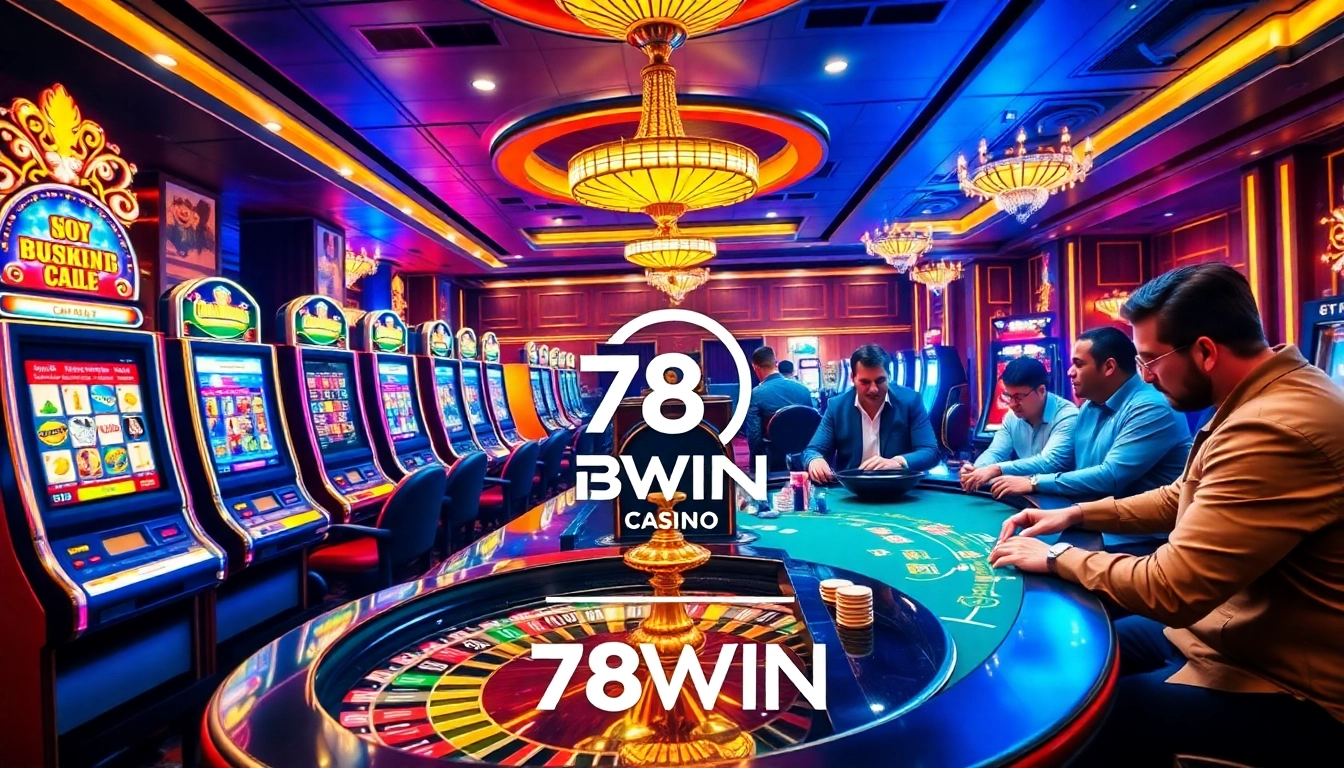 Gamblers enjoying a thrilling game at 78WIN casino, featuring vibrant slot machines and a roulette wheel.