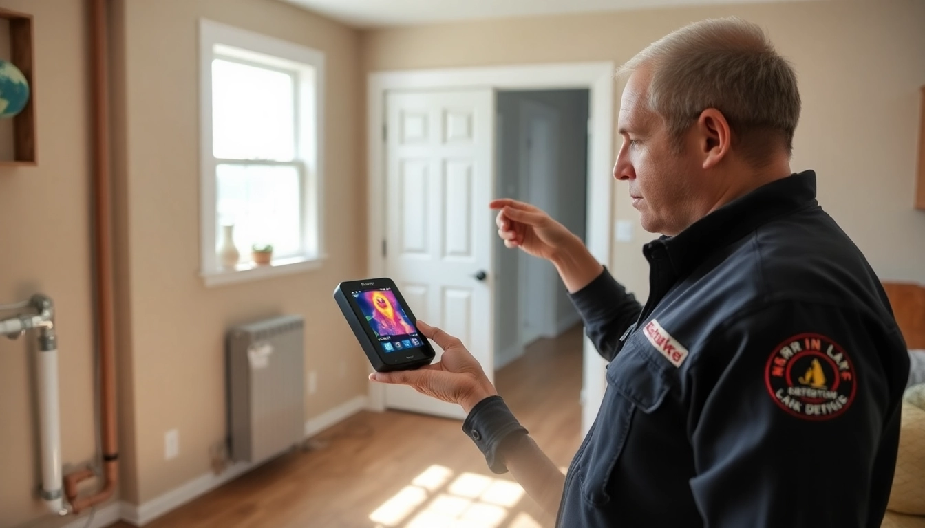 Technician performing hidden leak detection using thermal imaging technology in a home setting.