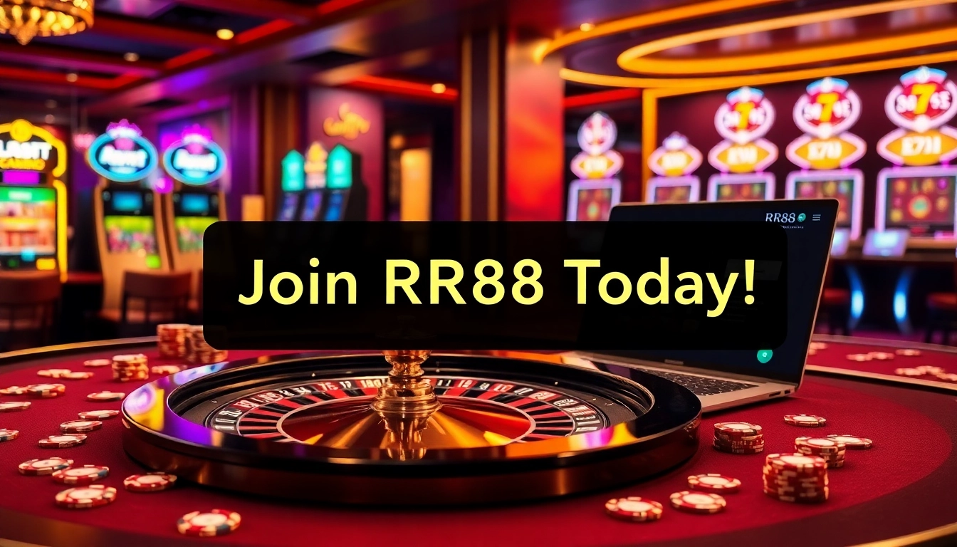 Experience the thrill of RR88 with a luxurious casino scene featuring roulette and slot games.