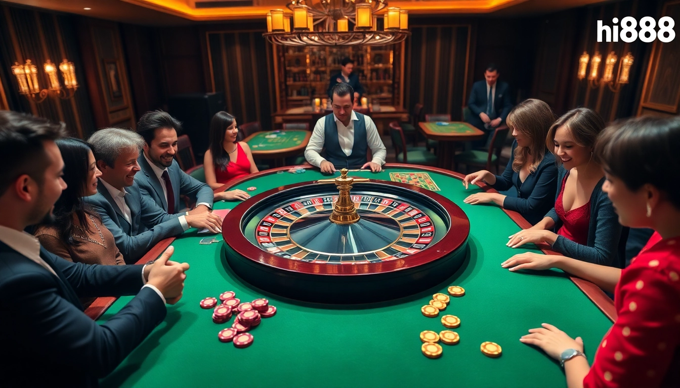 Players betting at a lively Hi888 casino table with roulette and colorful chips.
