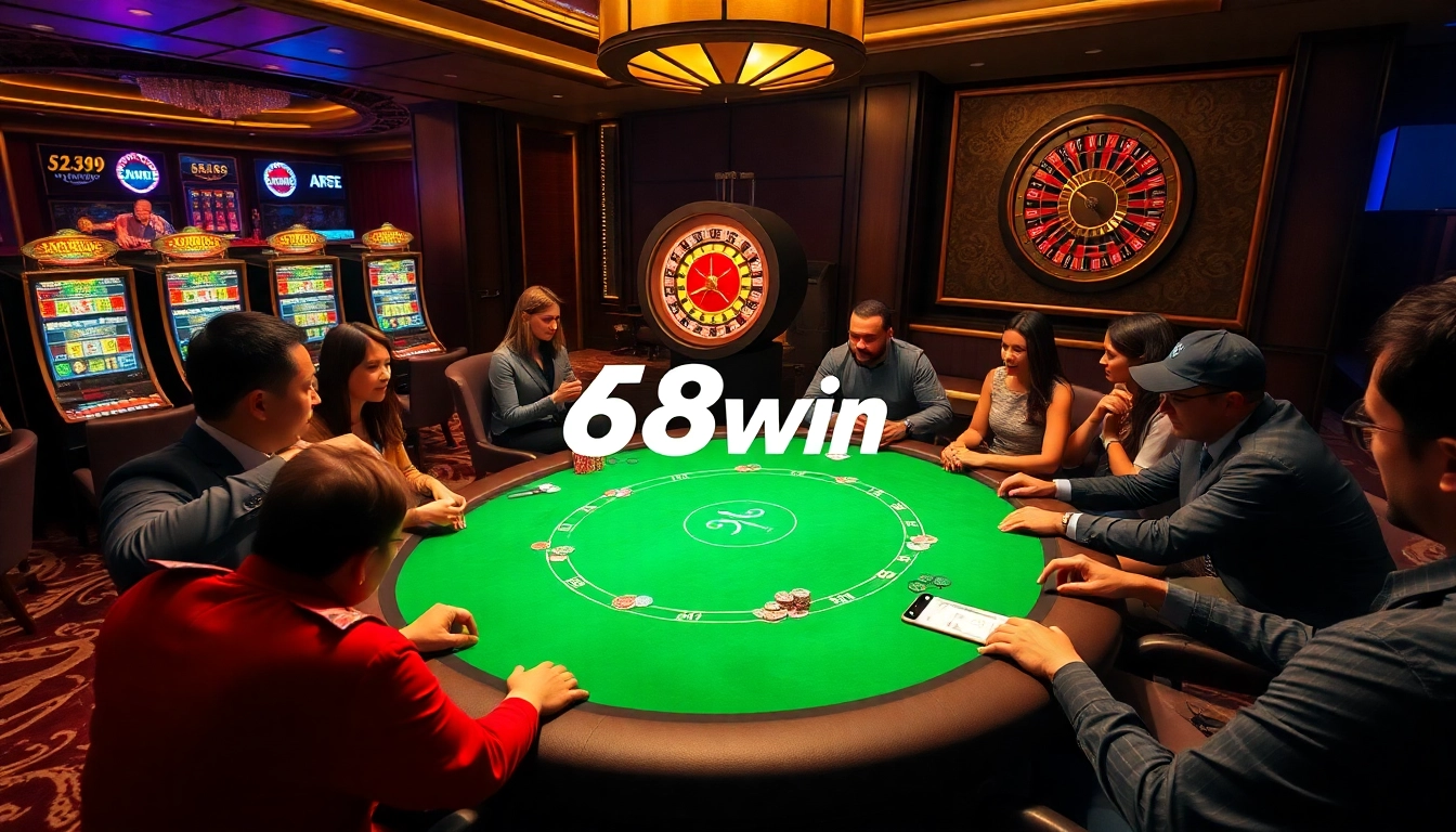 Experience the thrill of the 68win casino with luxurious poker tables and vibrant slot machines.