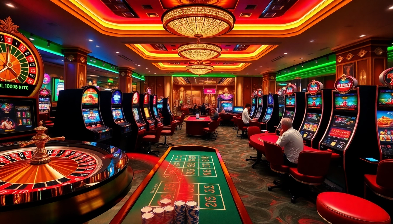 Exciting casino scene showcasing ku88 with vibrant games and lively players engaging in gambling activities.