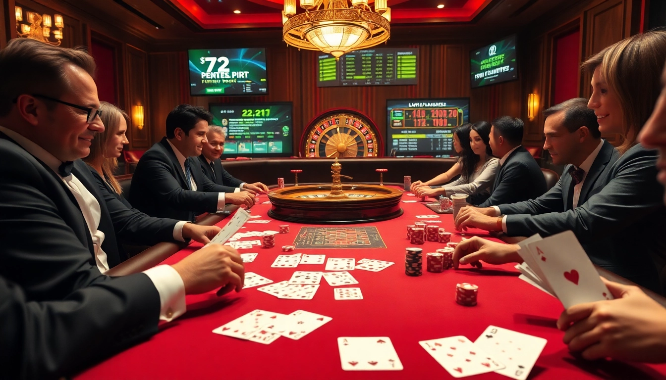 Excited players at a poker table in a luxurious casino environment promoting 32win com.