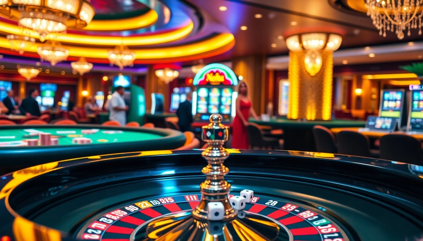 Nohu casino experience with vibrant playing cards and roulette wheels, embodying excitement.