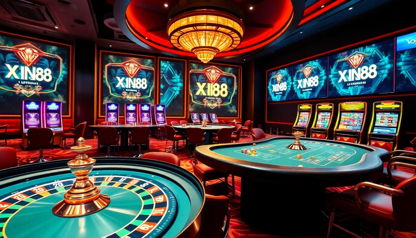 XIN88 immersive online gaming experience with roulette wheel, poker chips, and vibrant slots.