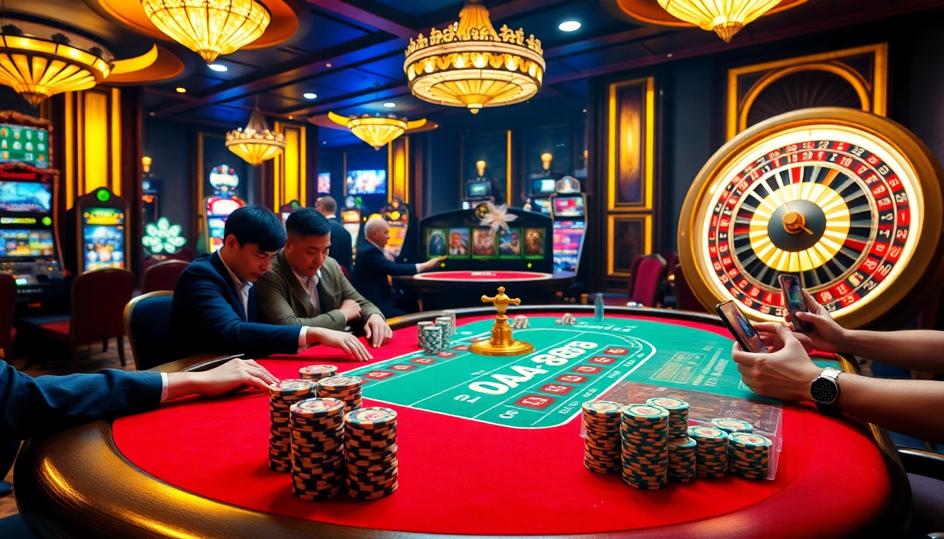 UU88 casino players enjoying poker and roulette in a vibrant, luxurious setting.
