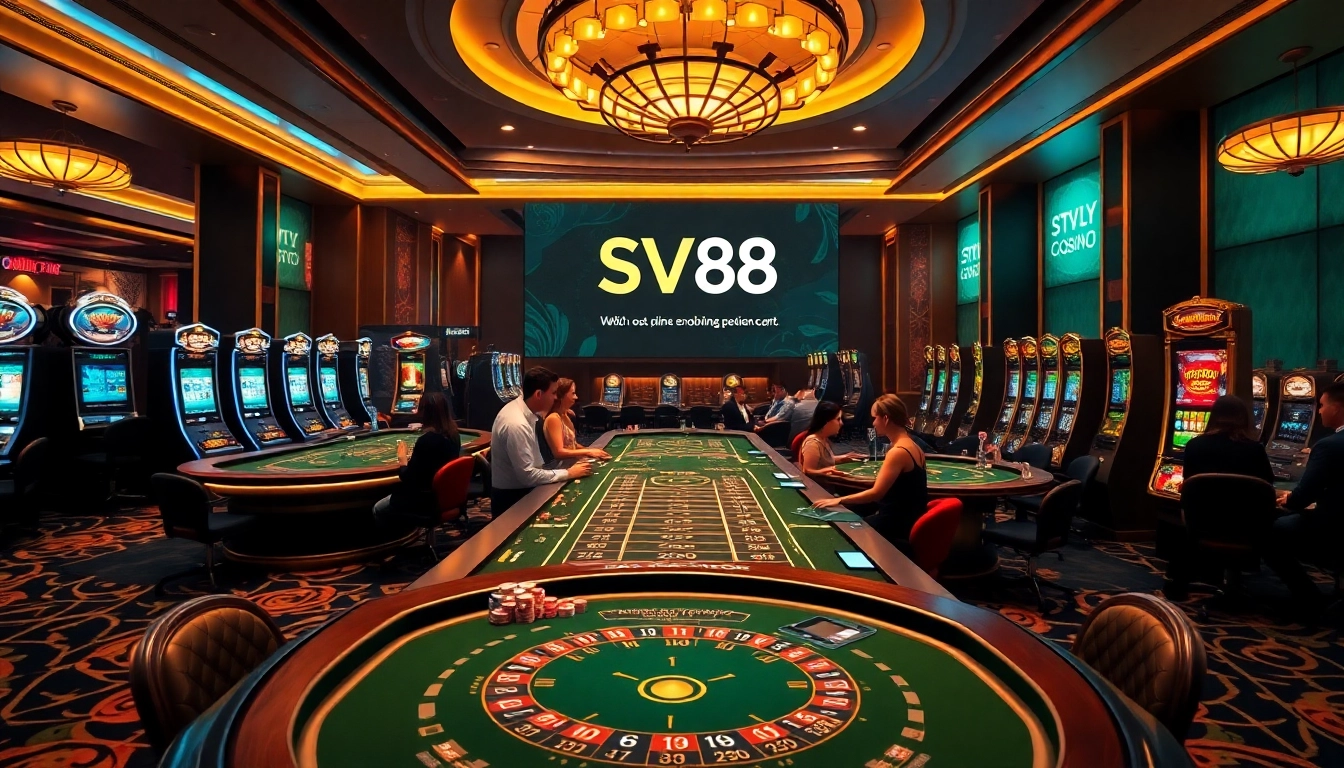 Experience the thrill of SV88's luxurious casino games with vibrant poker tables and stunning slot machines.