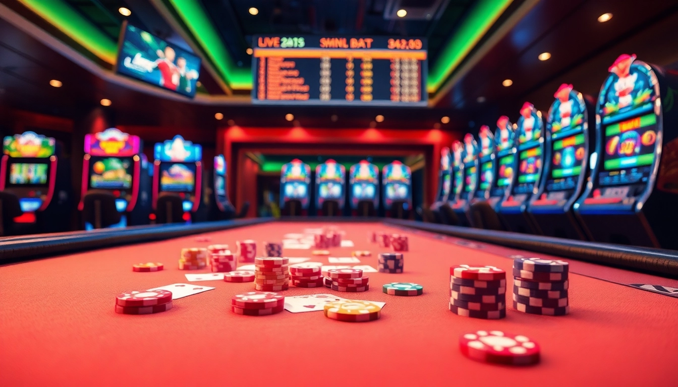 Play engaging casino games at https://ok365vi.net/ featuring colorful chips and vibrant slot machines.