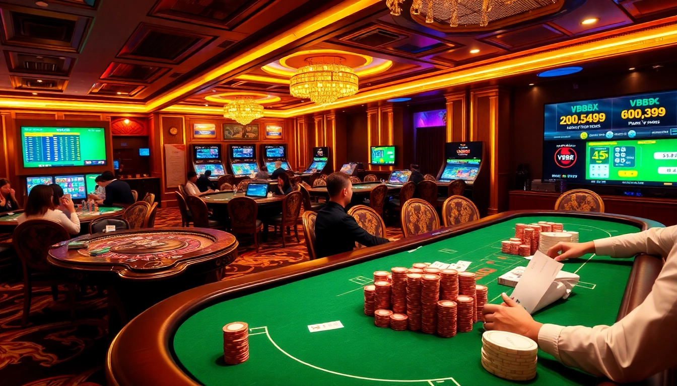 Vb88 members enjoy exciting gameplay at a luxurious casino with vibrant tables and chips.