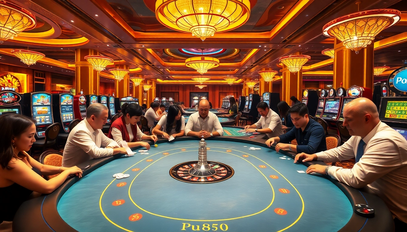 Exciting gaming scene at trang chủ PU88, featuring players at roulette and poker tables with vibrant slot machines.